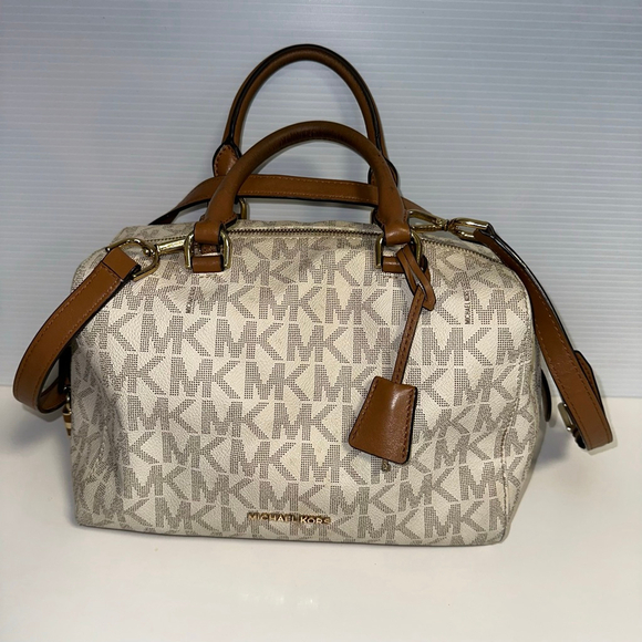 Michael Kors Monogram Kirby Satchel Bag Beige/Brown Vanilla/Acorn MK Logo Purse - Picture 1 of 16